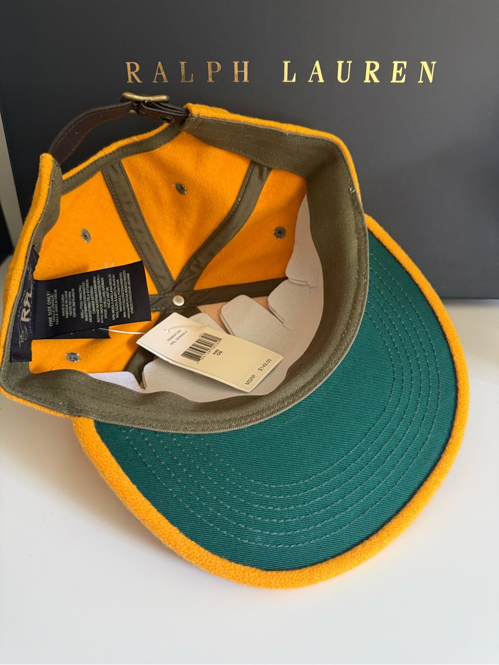 RRL Ralph Lauren Wool Blend Leather Strap Cap Hat Gold One Size OS NWT Heritage - Picture 5 of 17